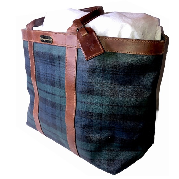 MRALPH LAUREN Black Watch Plaid Oversized Coated Canvas Brown Leather Travel Bag - Picture 3 of 16